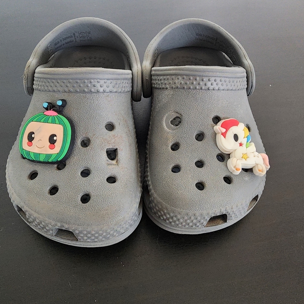 CROCS Kids Gray Slip-On Clogs with Fun Character Jibbitz